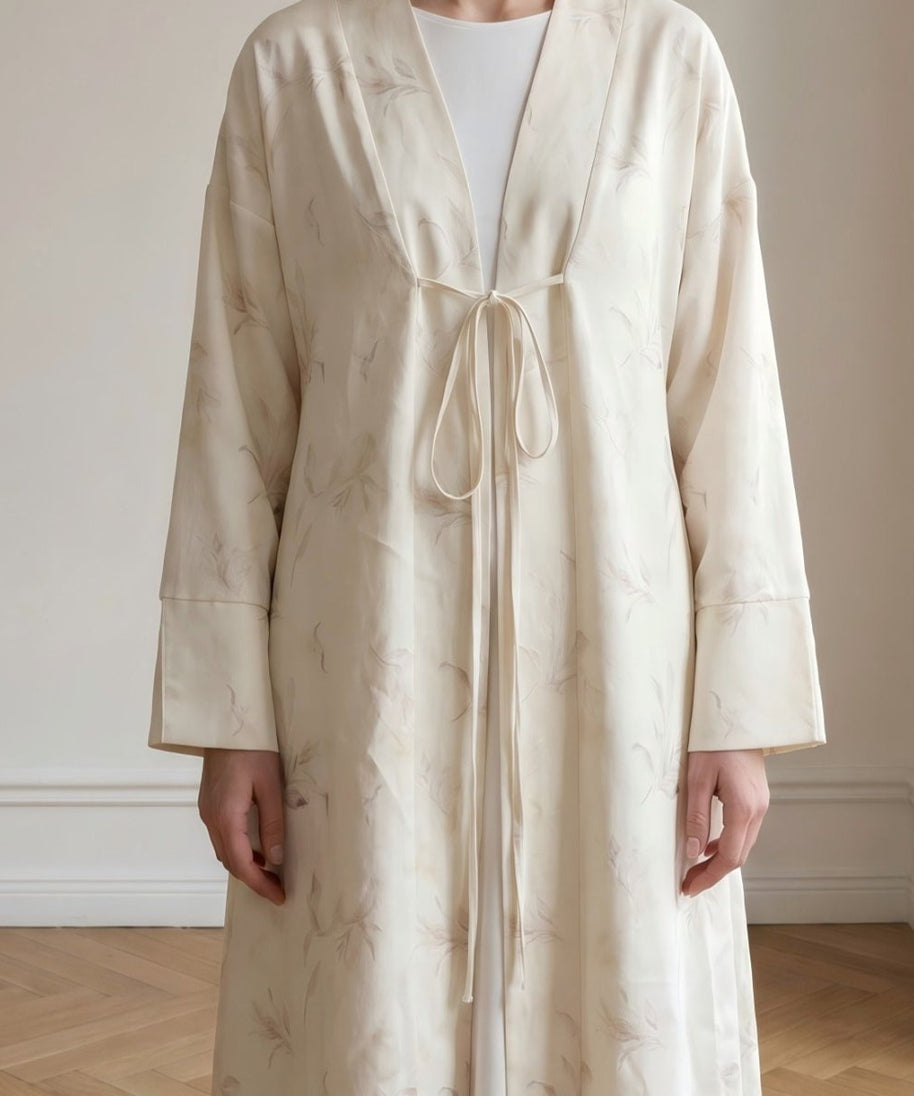 Floral Bird Print Satin Open Abaya(MOA322)