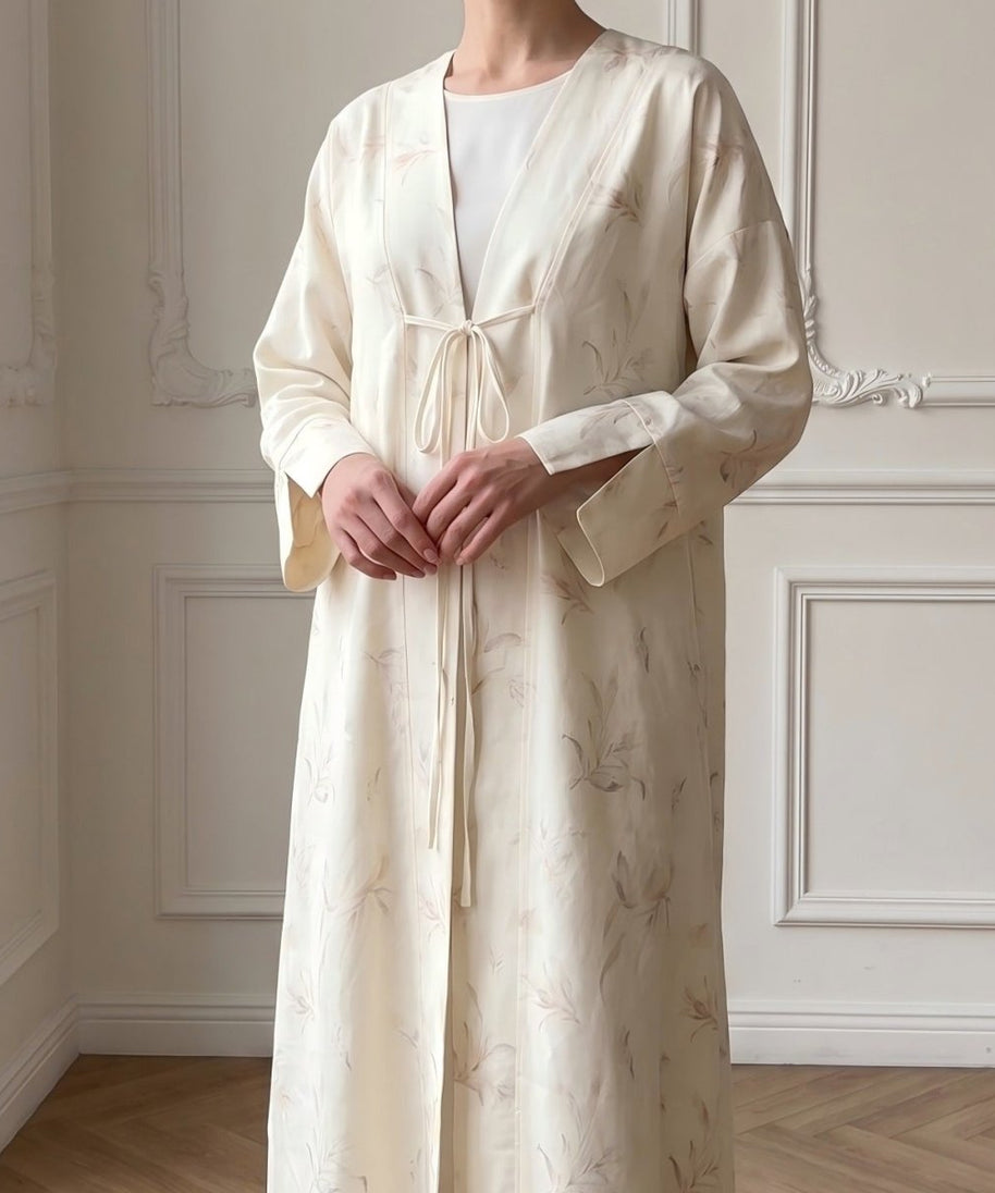 Floral Bird Print Satin Open Abaya(MOA322)