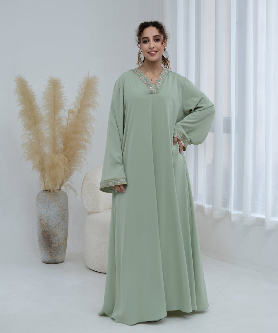 Floral Embroidered V-Neck Nida Maxi Dress(MA448)