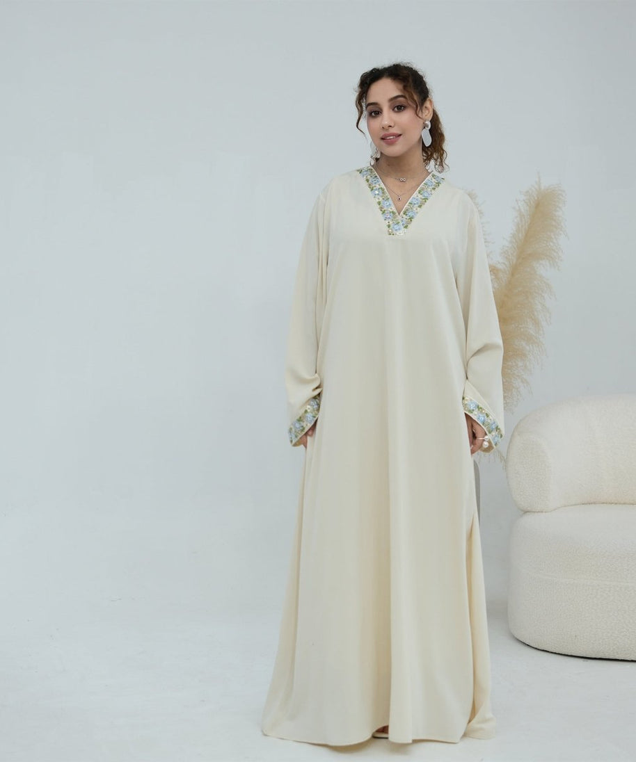 Floral Embroidered V-Neck Nida Maxi Dress(MA448)