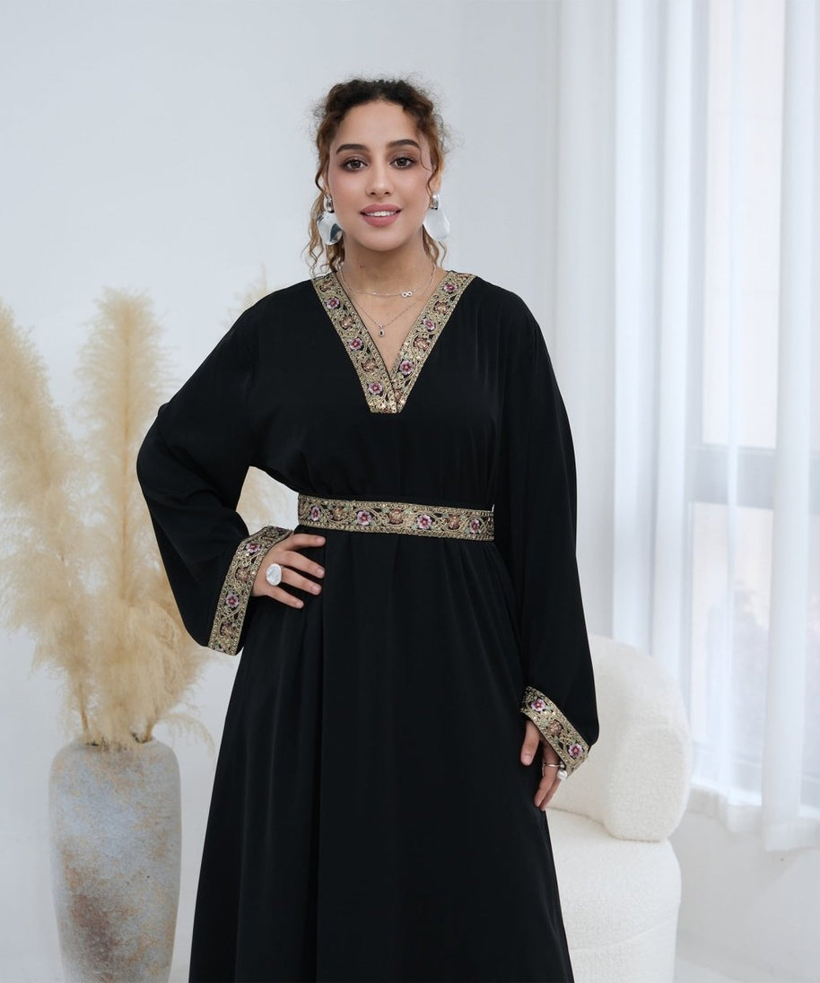 Floral Embroidered V-Neck Nida Maxi Dress(MA448)