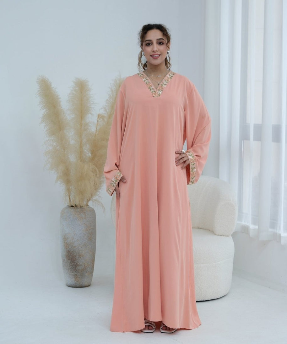 Floral Embroidered V-Neck Nida Maxi Dress(MA448)