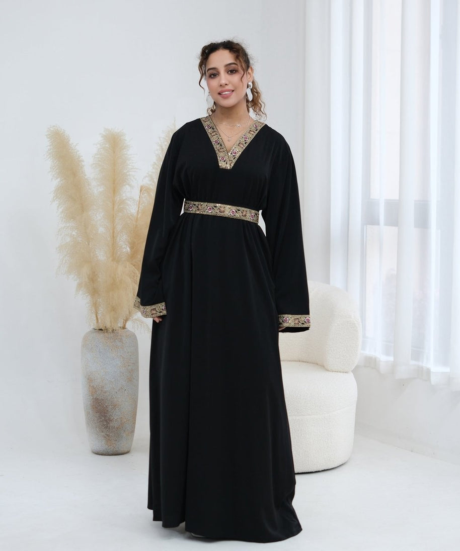 Floral Embroidered V-Neck Nida Maxi Dress(MA448)