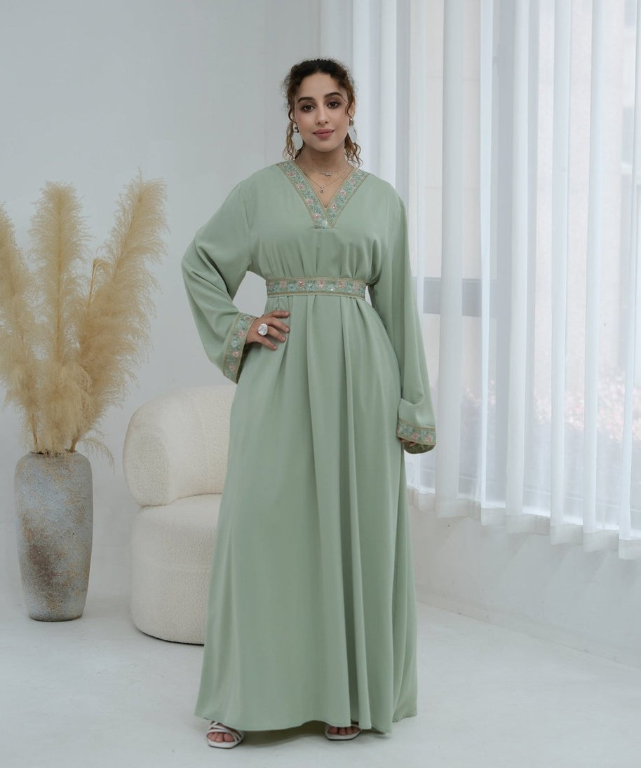 Floral Embroidered V-Neck Nida Maxi Dress(MA448)