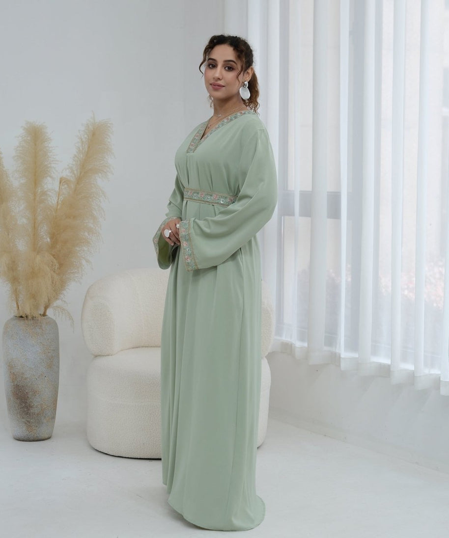 Floral Embroidered V-Neck Nida Maxi Dress(MA448)