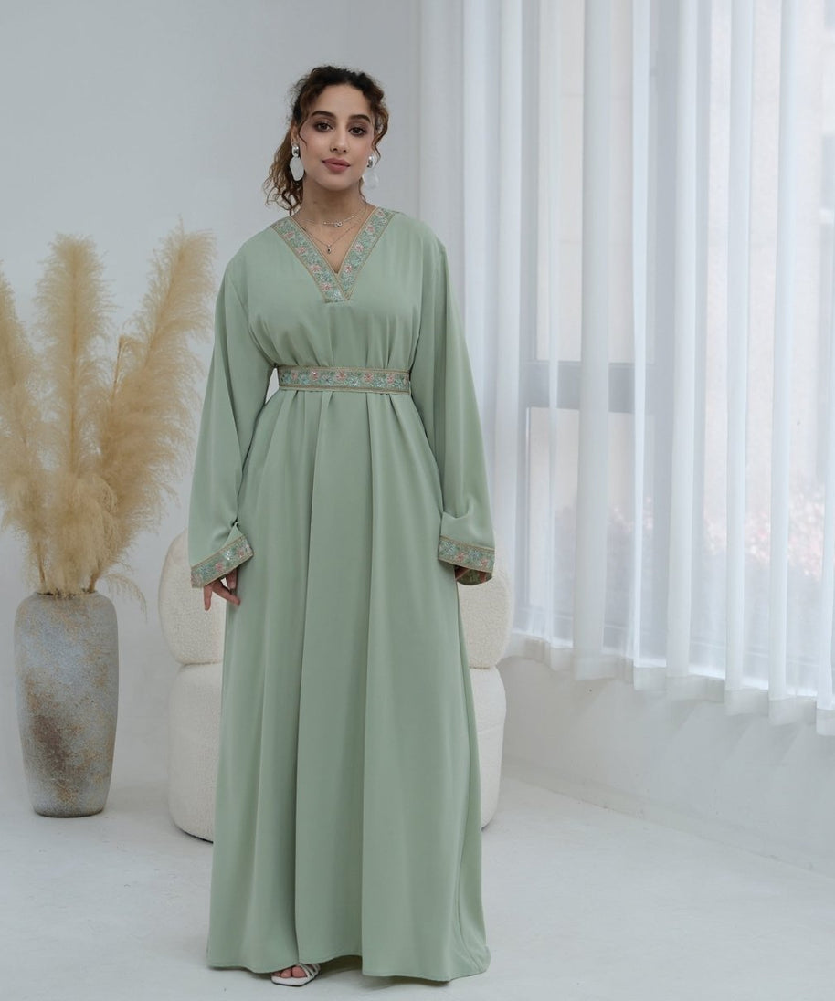 Floral Embroidered V-Neck Nida Maxi Dress(MA448)