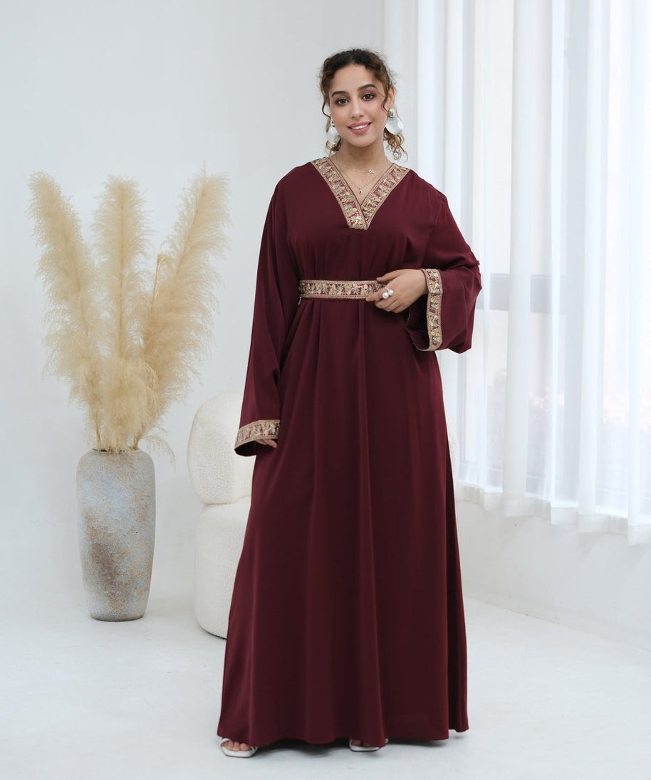 Floral Embroidered V-Neck Nida Maxi Dress(MA448)