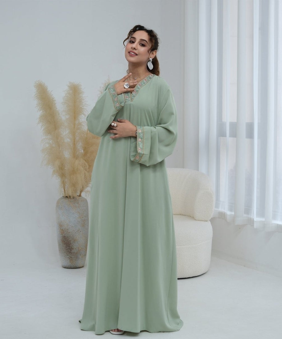 Floral Embroidered V-Neck Nida Maxi Dress(MA448)