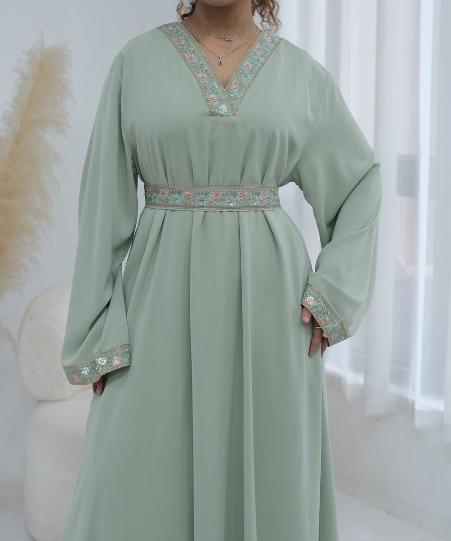 Floral Embroidered V-Neck Nida Maxi Dress(MA448)