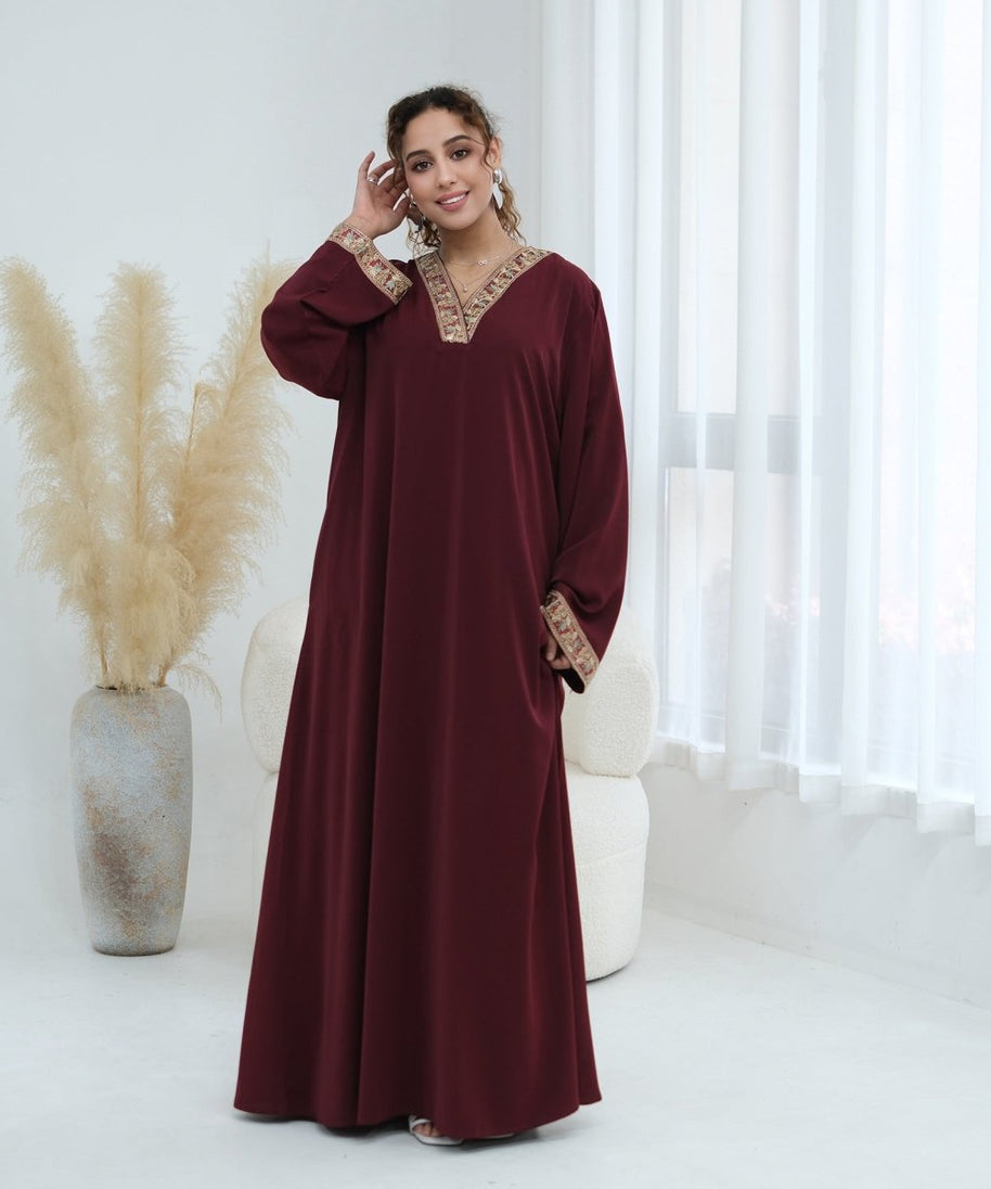 Floral Embroidered V-Neck Nida Maxi Dress(MA448)