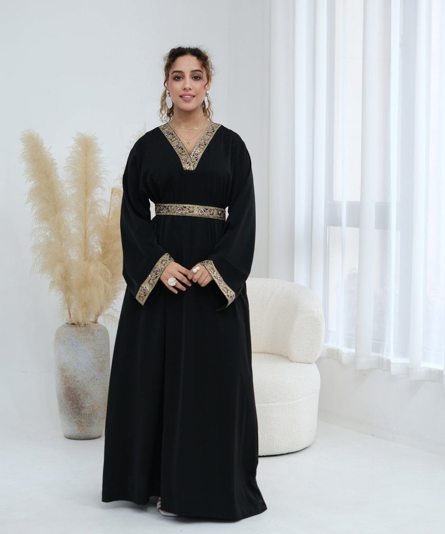 Floral Embroidered V-Neck Nida Maxi Dress(MA448)