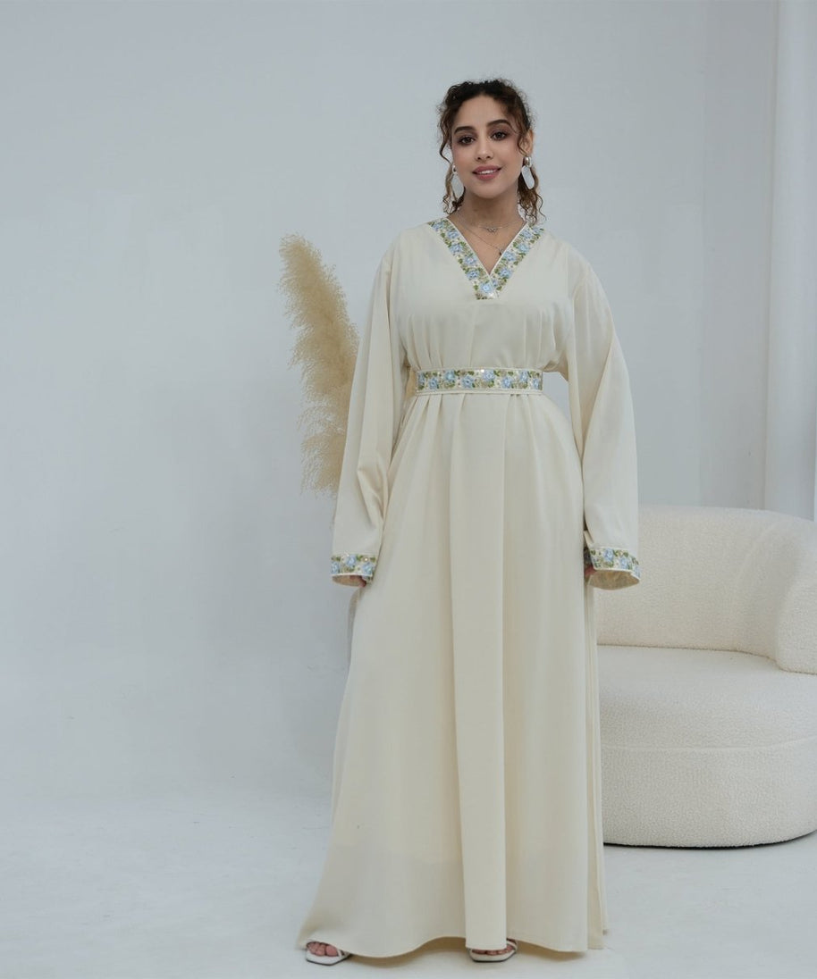 Floral Embroidered V-Neck Nida Maxi Dress(MA448)