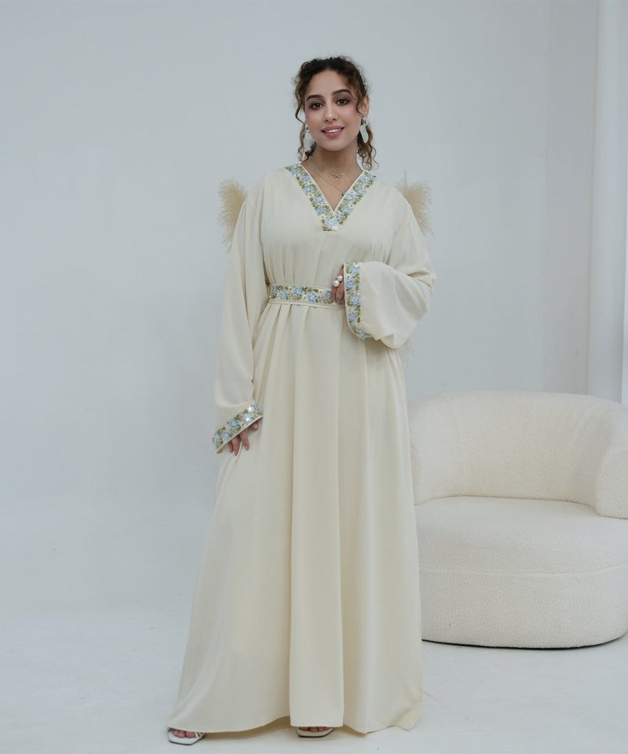 Floral Embroidered V-Neck Nida Maxi Dress(MA448)