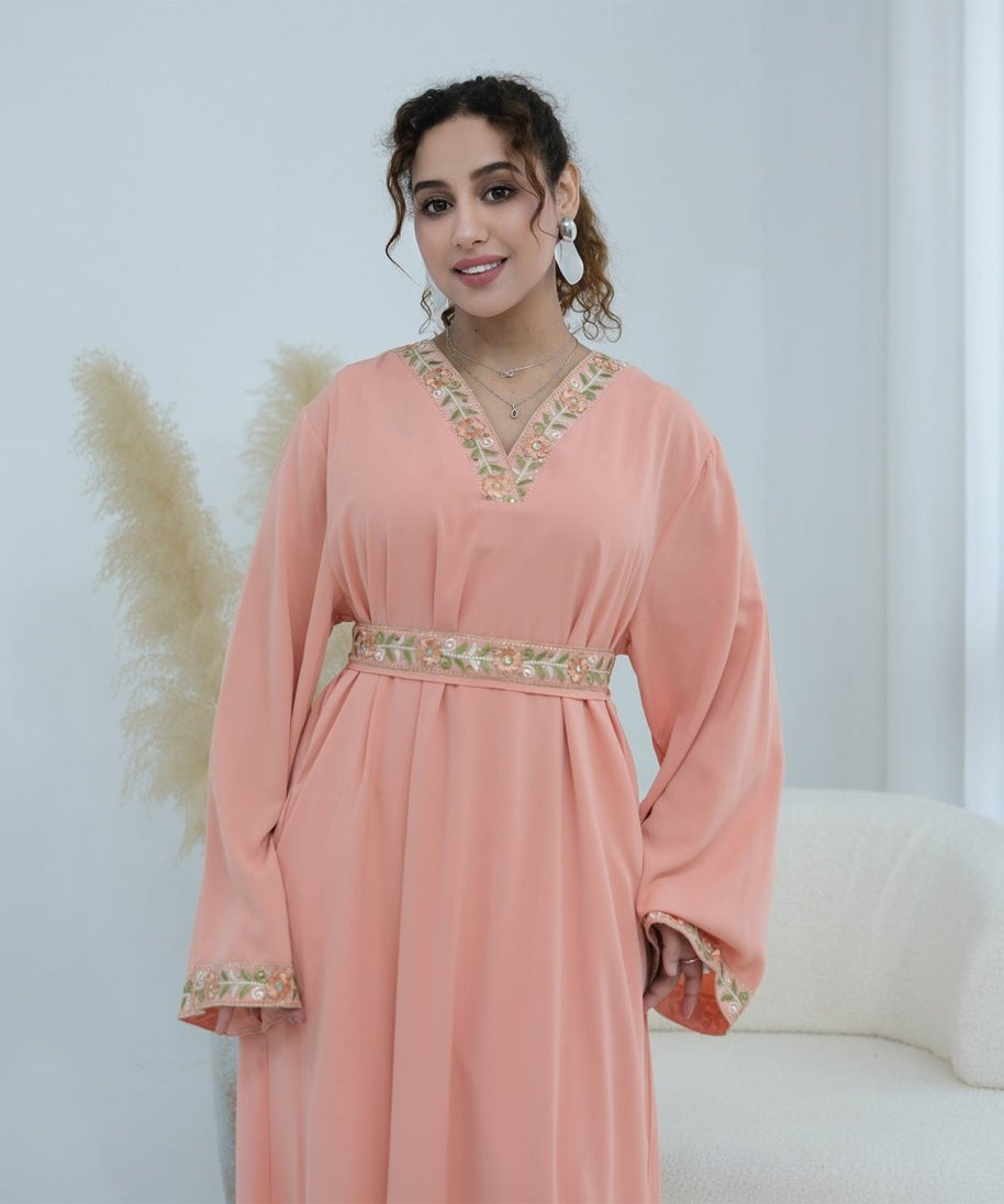 Floral Embroidered V-Neck Nida Maxi Dress(MA448)