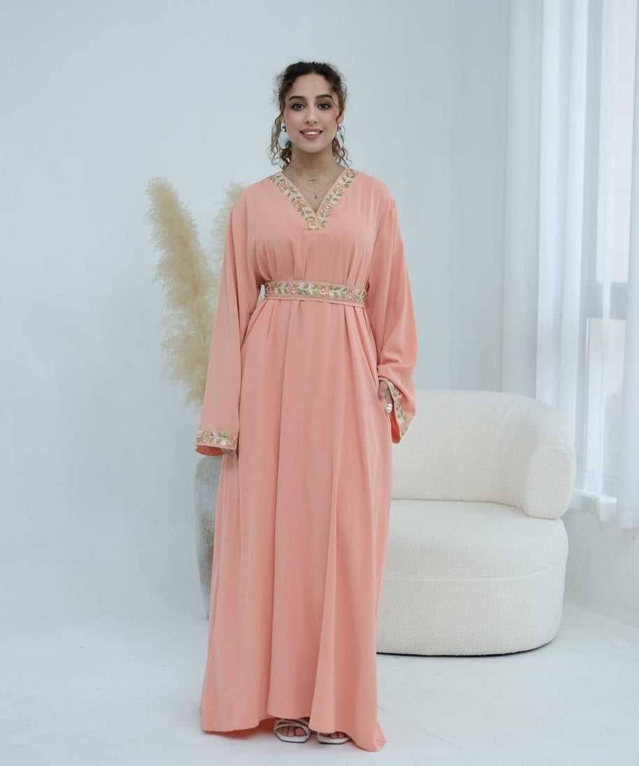 Floral Embroidered V-Neck Nida Maxi Dress(MA448)