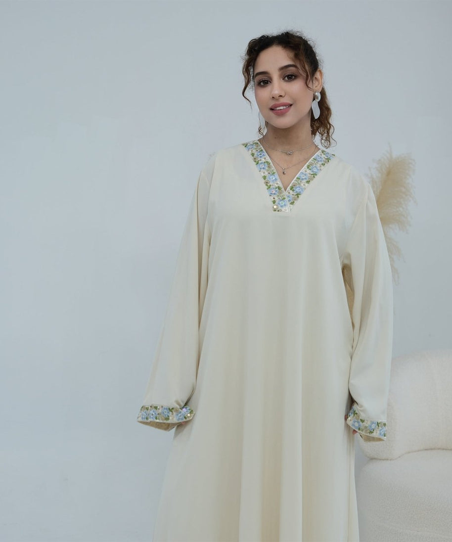 Floral Embroidered V-Neck Nida Maxi Dress(MA448)