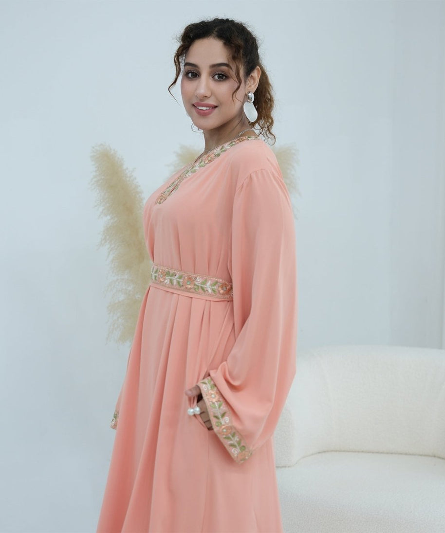 Floral Embroidered V-Neck Nida Maxi Dress(MA448)