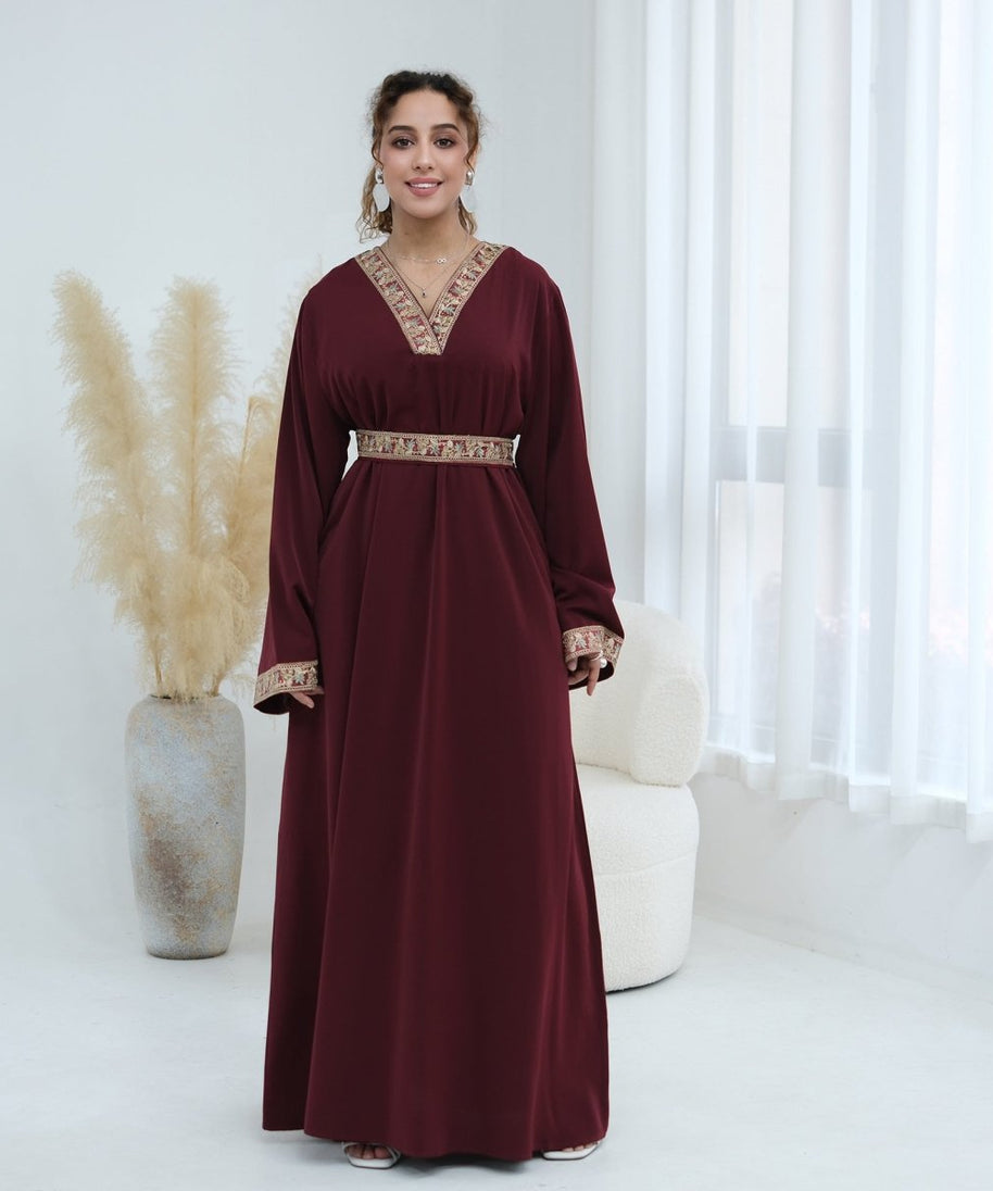 Floral Embroidered V-Neck Nida Maxi Dress(MA448)
