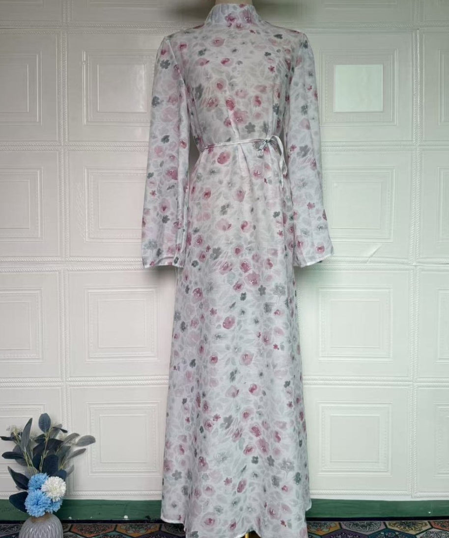 Floral Print Flared-Sleeve Waist Belt Maxi Dress(MS482)