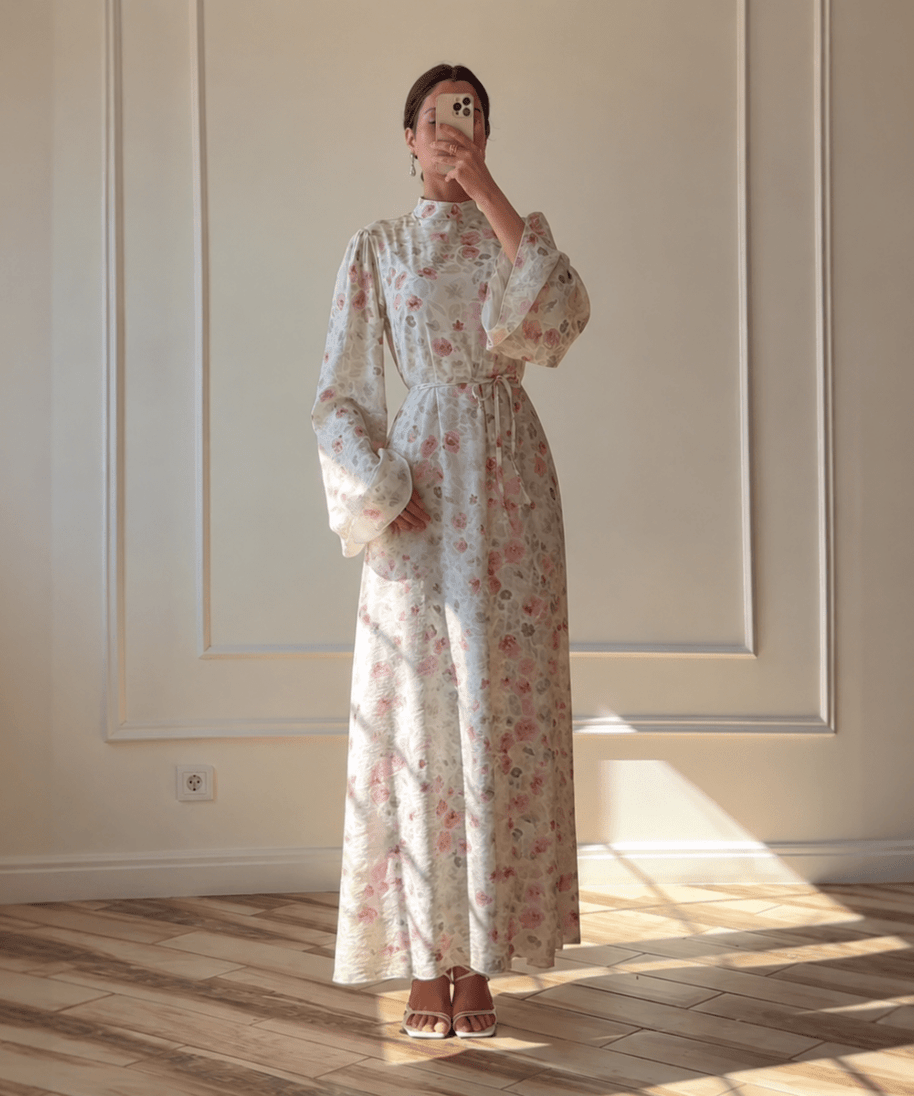 Floral Print Flared-Sleeve Waist Belt Maxi Dress(MS482)
