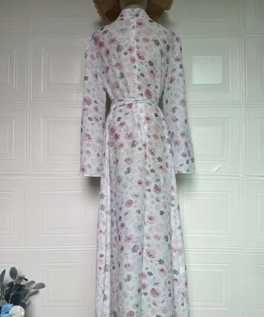 Floral Print Flared-Sleeve Waist Belt Maxi Dress(MS482)
