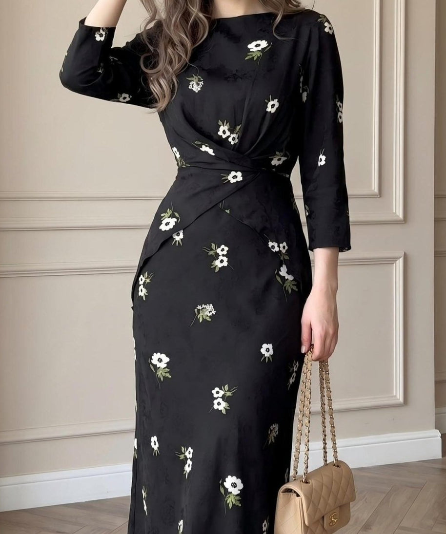 Floral Print Twist-Front Midi Dress(MS463)