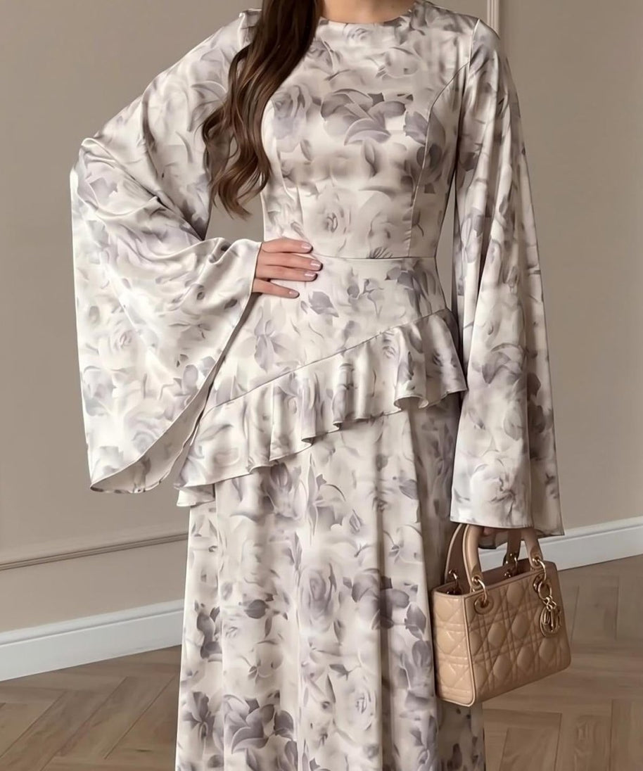 Floral Satin Maxi Dress(MS444)