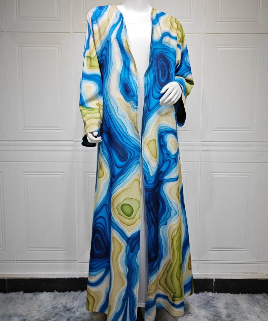Fluid Topographic Print Open Abaya & Matching Hijab Set(MOA331)