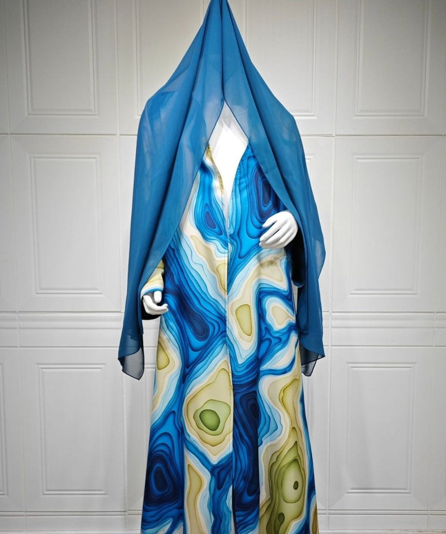 Fluid Topographic Print Open Abaya & Matching Hijab Set(MOA331)