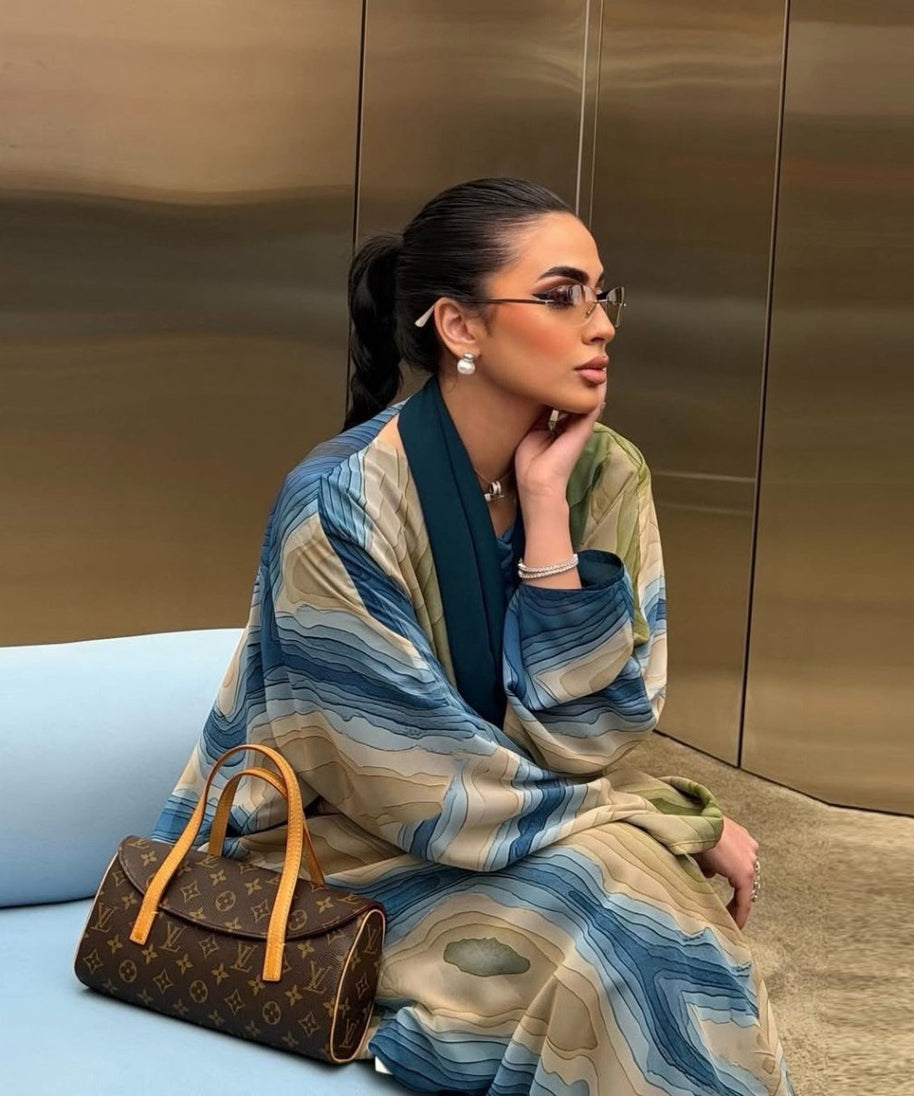 Fluid Topographic Print Open Abaya & Matching Hijab Set(MOA331)