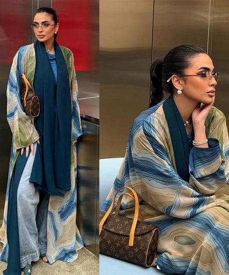 Fluid Topographic Print Open Abaya & Matching Hijab Set(MOA331)