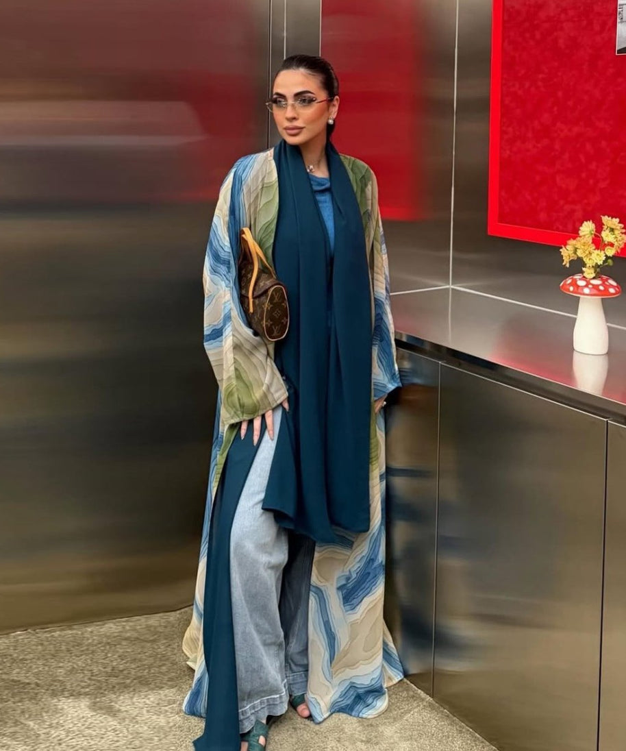 Fluid Topographic Print Open Abaya & Matching Hijab Set(MOA331)