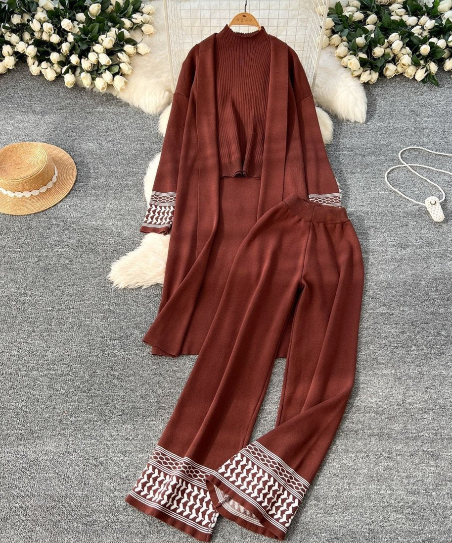 Geometric Jacquard-Trim Ribbed Knit 3-Piece Set(MS471)