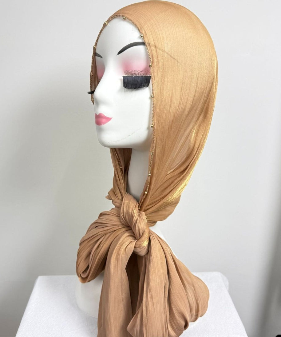 Gold Chain Beaded Edge Crinkle Satin Hijab(MH238)