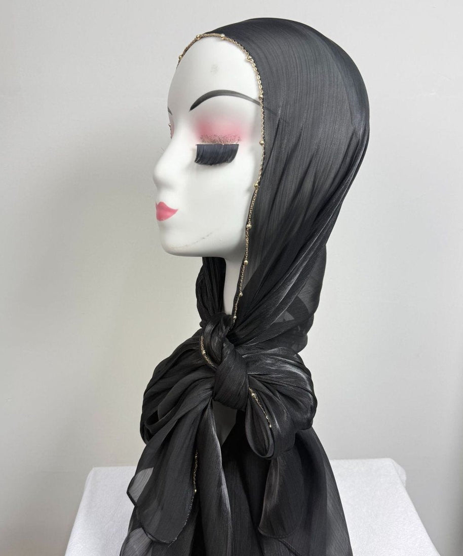 Gold Chain Beaded Edge Crinkle Satin Hijab(MH238)
