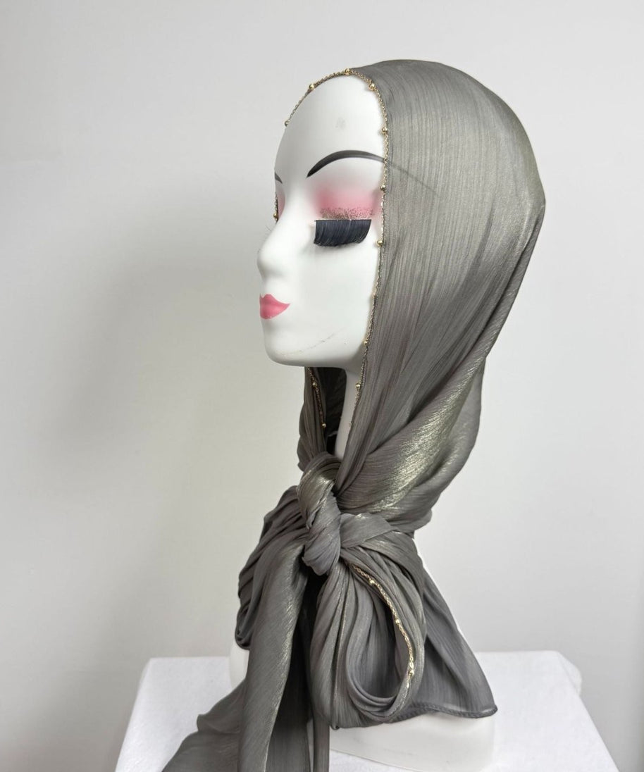 Gold Chain Beaded Edge Crinkle Satin Hijab(MH238)