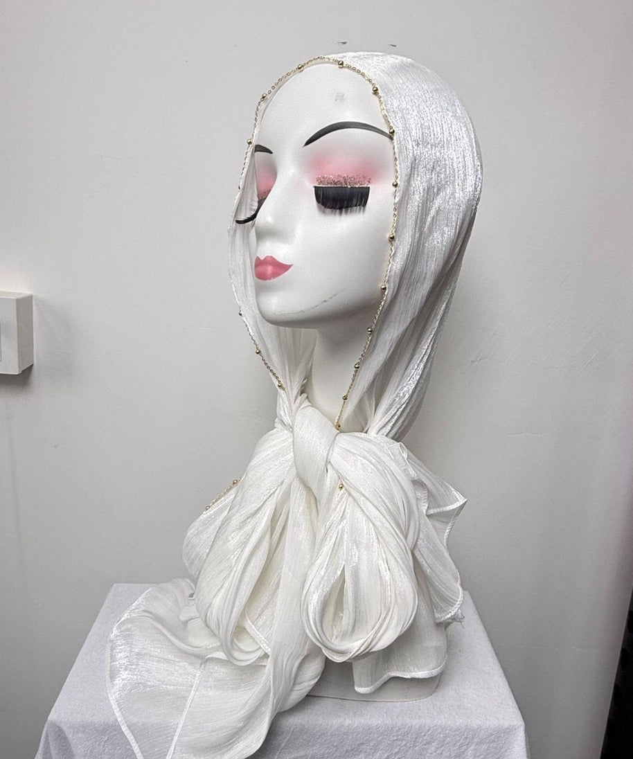 Gold Chain Beaded Edge Crinkle Satin Hijab(MH238)