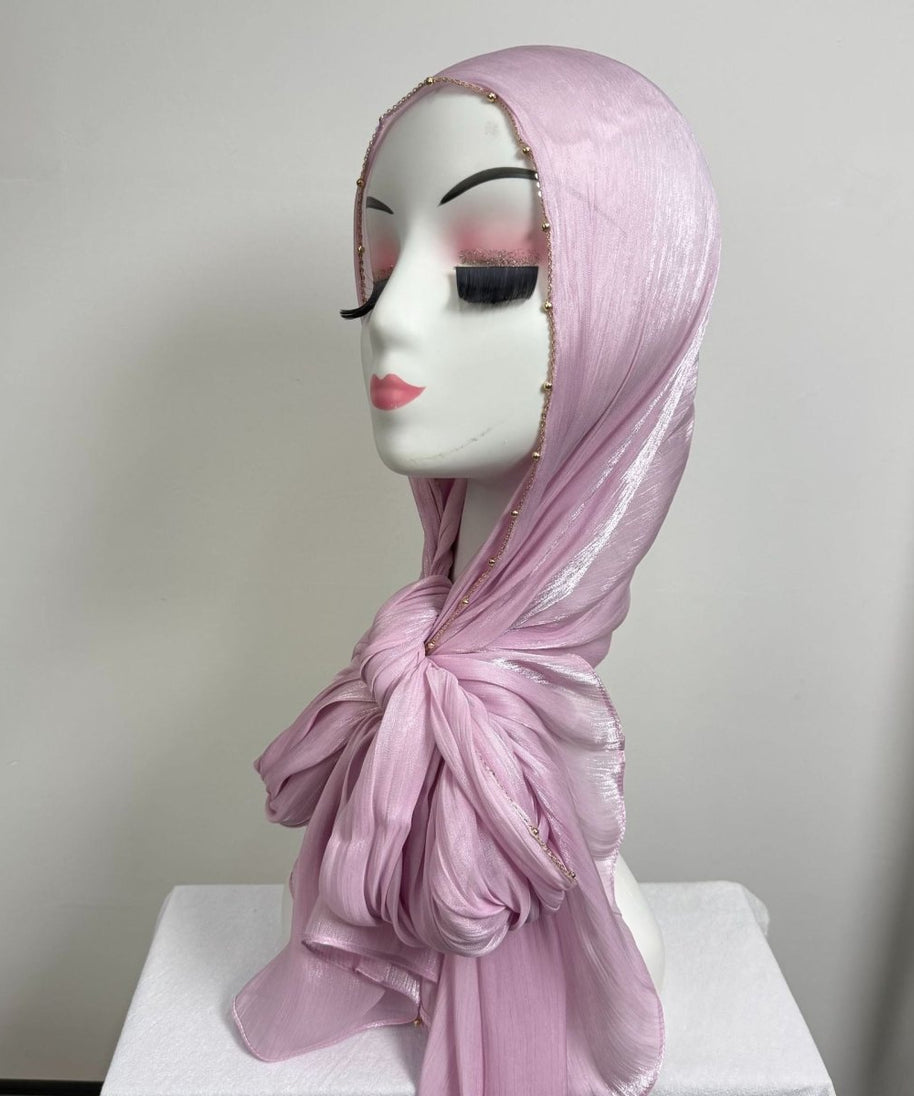 Gold Chain Beaded Edge Crinkle Satin Hijab(MH238)