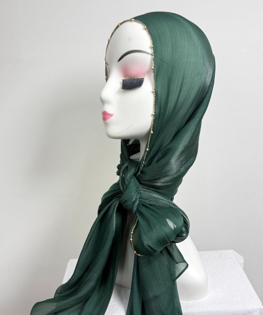 Gold Chain Beaded Edge Crinkle Satin Hijab(MH238)