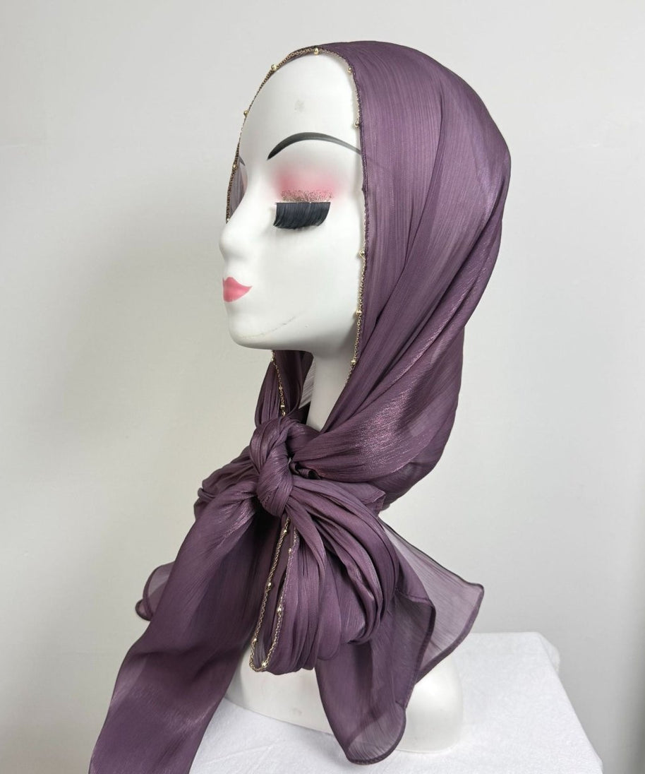 Gold Chain Beaded Edge Crinkle Satin Hijab(MH238)