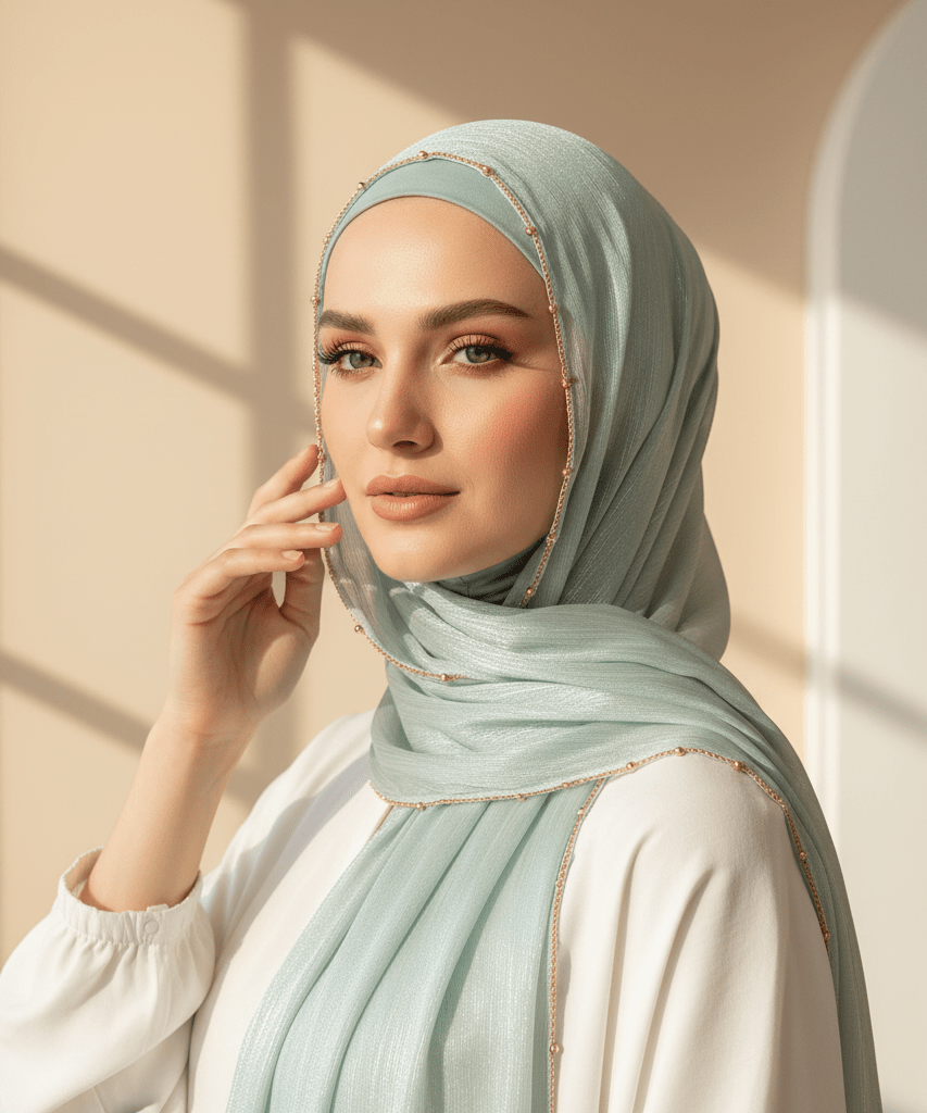 Gold Chain Beaded Edge Crinkle Satin Hijab(MH238)
