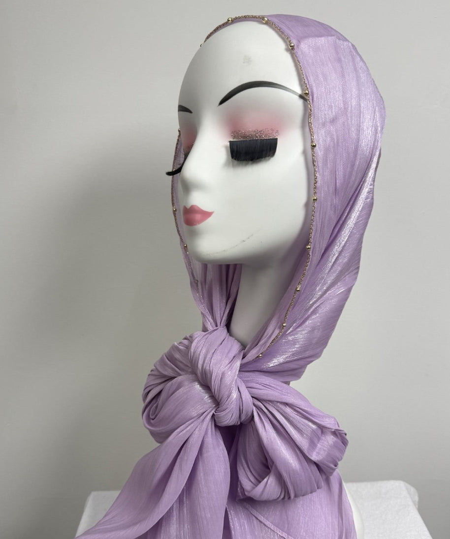 Gold Chain Beaded Edge Crinkle Satin Hijab(MH238)