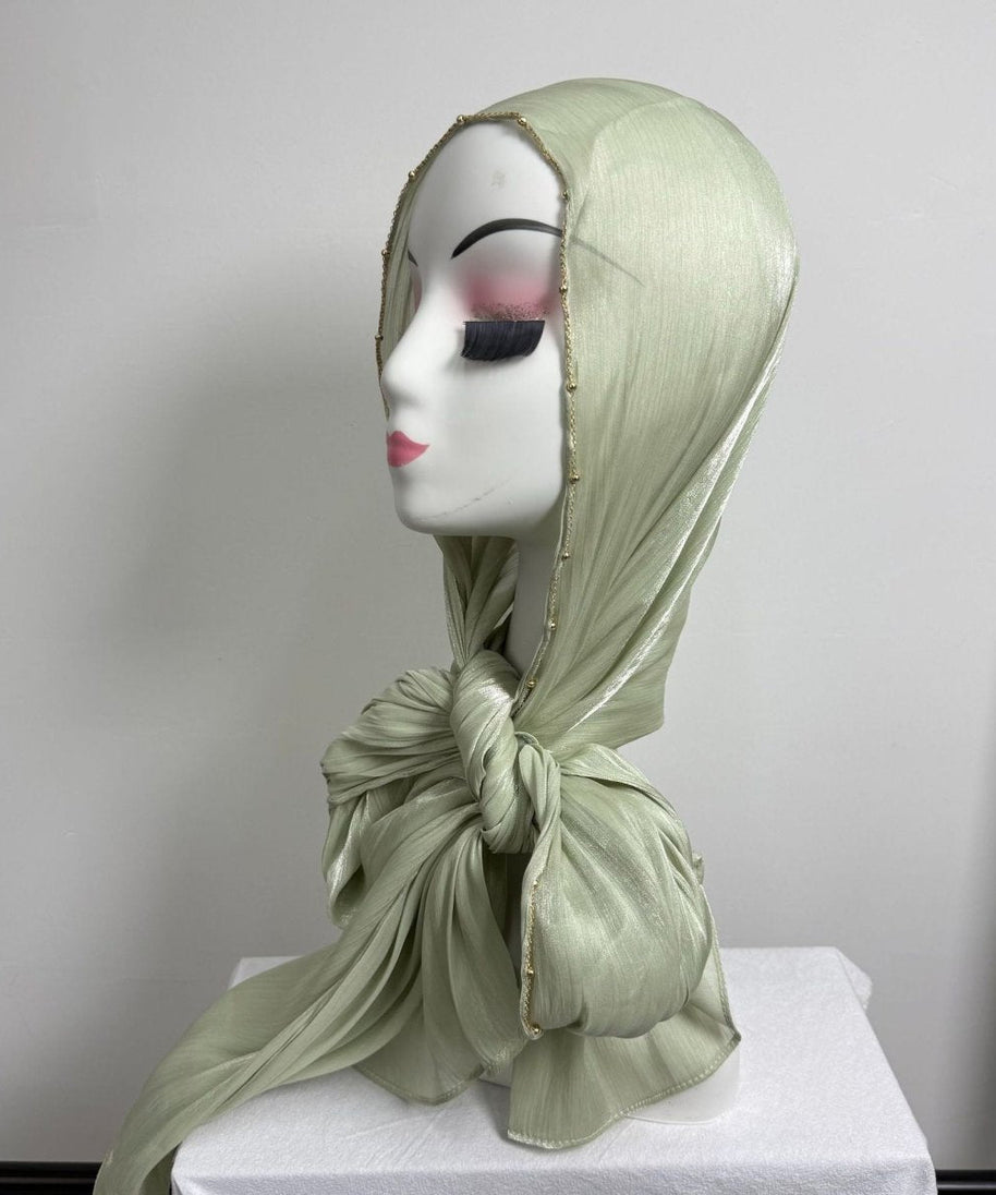 Gold Chain Beaded Edge Crinkle Satin Hijab(MH238)