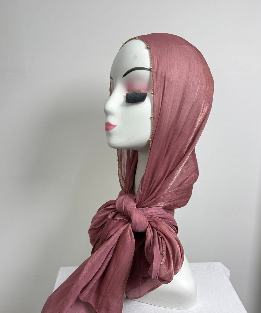 Gold Chain Beaded Edge Crinkle Satin Hijab(MH238)