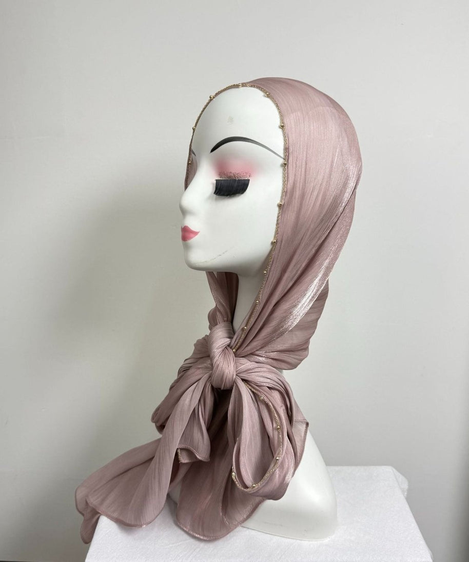 Gold Chain Beaded Edge Crinkle Satin Hijab(MH238)