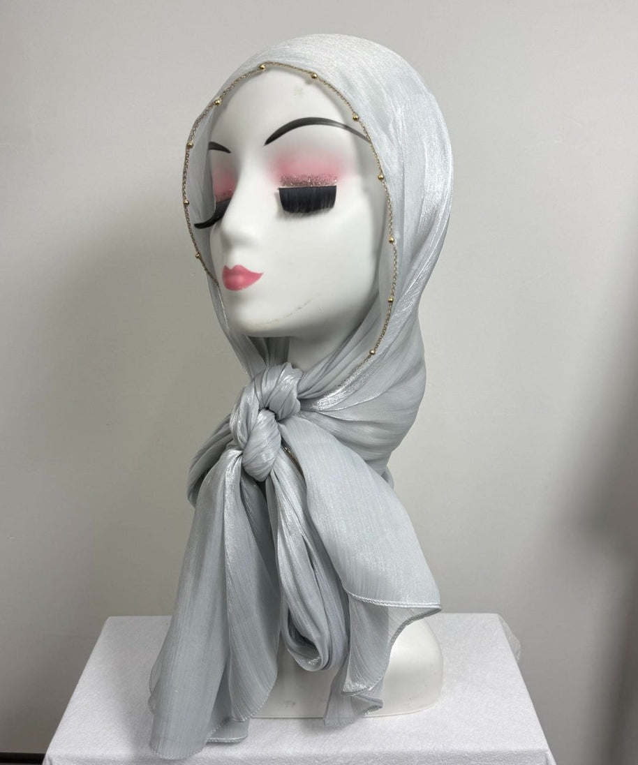 Gold Chain Beaded Edge Crinkle Satin Hijab(MH238)