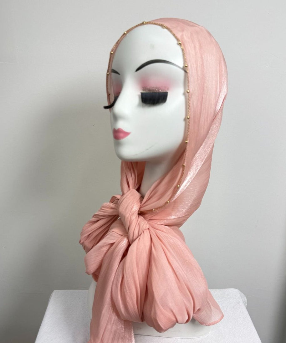 Gold Chain Beaded Edge Crinkle Satin Hijab(MH238)