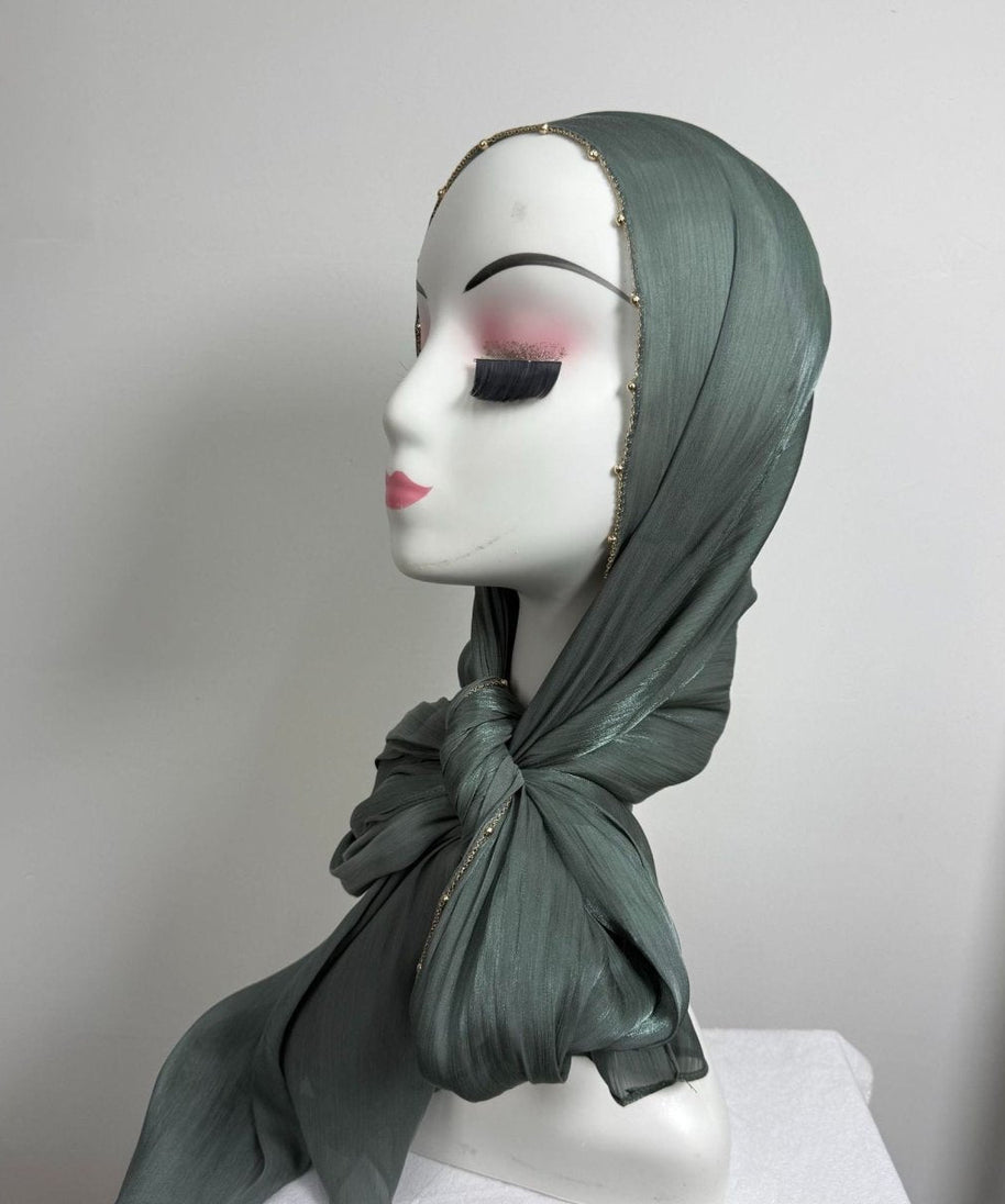 Gold Chain Beaded Edge Crinkle Satin Hijab(MH238)