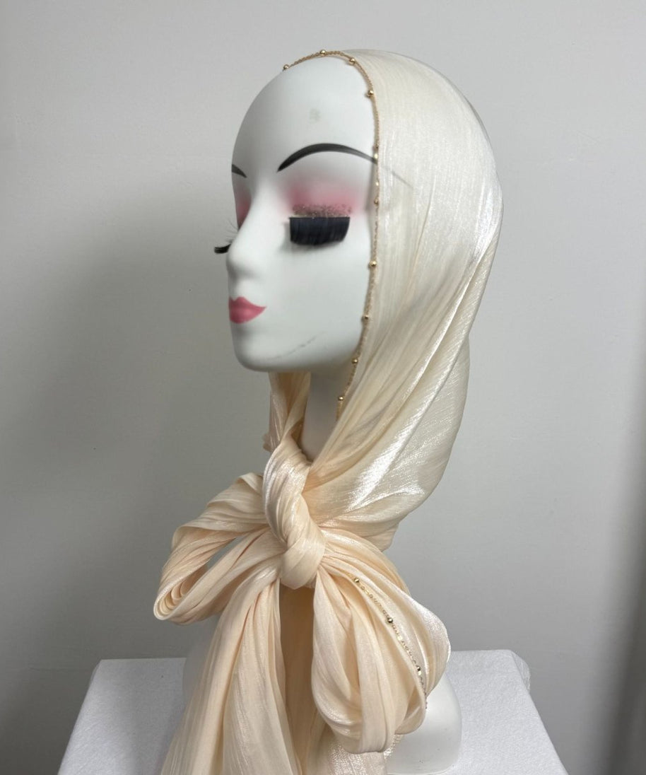 Gold Chain Beaded Edge Crinkle Satin Hijab(MH238)