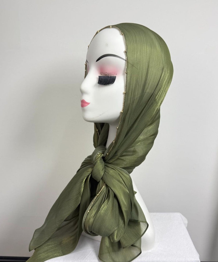 Gold Chain Beaded Edge Crinkle Satin Hijab(MH238)